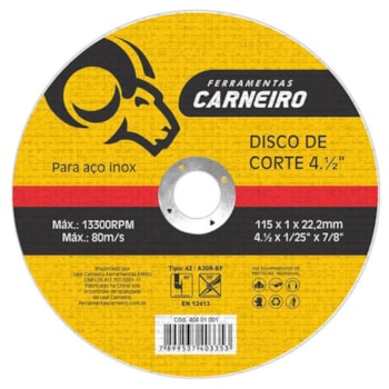 100 DISCOS DE CORTE INOX 115 X 22 MM CARNEIRO 40401001