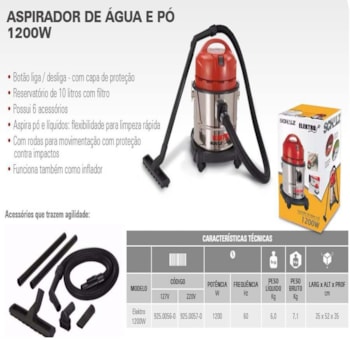 ASPIRADOR ÁGUA E PÓ ELEKTRO 1200 W - 10L - 925.0057-0 - SCHULZ Voltagem:220V