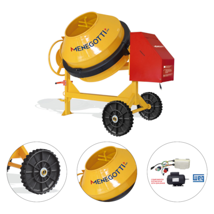 BETONEIRA 400L RENTAL 2CV MONOFASICA 220V COM RODA MACICA E KIT SEGURANCA  - MENEGOTTI
