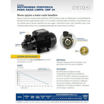 BOMBA D'AGUA PERIFERICA PARA POÇO E PISCINA 1/2 CV SHP-35 SOMAR SCHULZ BOMBA D'AGUA PERIFERICA PARA POÇO E PISCINA 1/2 CV SHP-35 SOMAR SCHULZ