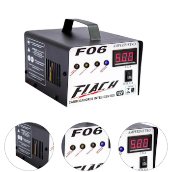 CARREGADOR INTELIGENTE DE BATERIA 06V/12V TENSAO DE SAIDA 06AH COM PAINEL DIGITAL E AUXILIADOR DE PARTIDA 06AH -  F06 FLACH
