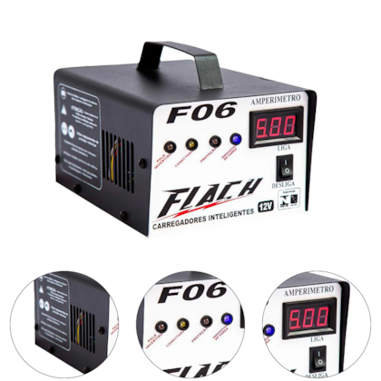 CARREGADOR INTELIGENTE DE BATERIA 06V/12V TENSAO DE SAIDA 06AH COM PAINEL DIGITAL E AUXILIADOR DE PARTIDA 06AH -  F06 FLACH