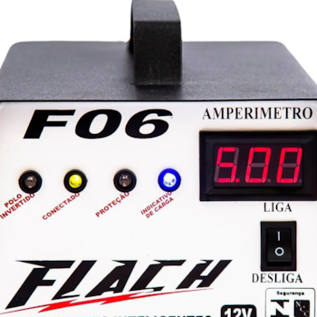CARREGADOR INTELIGENTE DE BATERIA 06V/12V TENSAO DE SAIDA 06AH COM PAINEL DIGITAL E AUXILIADOR DE PARTIDA 06AH -  F06 FLACH