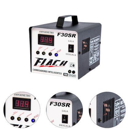 CARREGADOR INTELIGENTE DE BATERIA 12V/24V TENSAO DE SAIDA 10AH COM PAINEL DIGITAL E AUXILIADOR DE PARTIDA 30AH - F30-SR FLACH