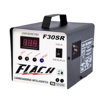 CARREGADOR INTELIGENTE DE BATERIA 12V/24V TENSAO DE SAIDA 10AH COM PAINEL DIGITAL E AUXILIADOR DE PARTIDA 30AH - F30-SR FLACH