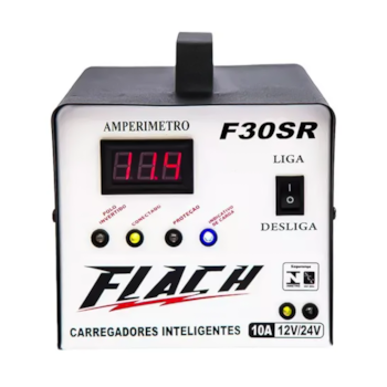 CARREGADOR INTELIGENTE DE BATERIA 12V/24V TENSAO DE SAIDA 10AH COM PAINEL DIGITAL E AUXILIADOR DE PARTIDA 30AH - F30-SR FLACH