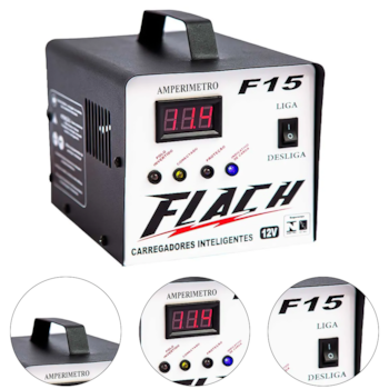 CARREGADOR INTELIGENTE DE BATERIA 15V/12V TENSAO DE SAIDA 15AH COM PAINEL DIGITAL E AUXILIADOR DE PARTIDA 15AH - F15 FLACH