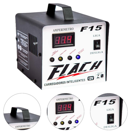 CARREGADOR INTELIGENTE DE BATERIA 15V/12V TENSAO DE SAIDA 15AH COM PAINEL DIGITAL E AUXILIADOR DE PARTIDA 15AH - F15 FLACH