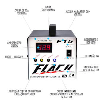CARREGADOR INTELIGENTE DE BATERIA 15V/12V TENSAO DE SAIDA 15AH COM PAINEL DIGITAL E AUXILIADOR DE PARTIDA 15AH - F15 FLACH