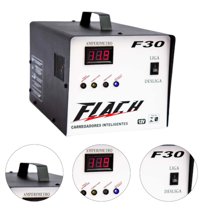 CARREGADOR INTELIGENTE DE BATERIA 30V/12V TENSAO DE SAIDA 30AH COM PAINEL DIGITAL E AUXILIADOR DE PARTIDA 30AH - F30 FLACH
