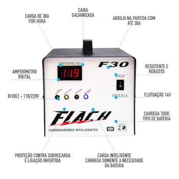 CARREGADOR INTELIGENTE DE BATERIA 30V/12V TENSAO DE SAIDA 30AH COM PAINEL DIGITAL E AUXILIADOR DE PARTIDA 30AH - F30 FLACH