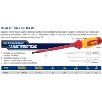 CHAVE DE FENDA ISOLADA VDE PEÇA 3/16 X 6" - 1864587 IRWIN