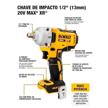 CHAVE DE IMPACTO 1/2" 20V MAX MID-RANGE - DCF892B-B3 DEWALT