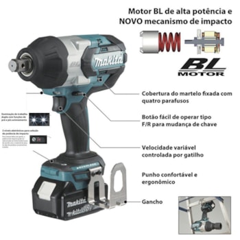 CHAVE DE IMPACTO A BATERIA 18V 1/2 1000NM DTW1002RFJ - MAKITA Voltagem:BIVOLT