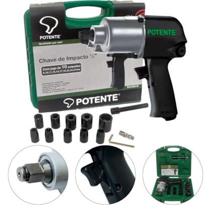 CHAVE DE IMPACTO PNEUMÁTICA 1/2" COM SOQUETES - 01.41.PN120278 POTENTE BRASIL CHAVE DE IMPACTO PNEUMÁTICA 1/2" COM SOQUETES - 01.41.PN120278 POTENTE BRASIL