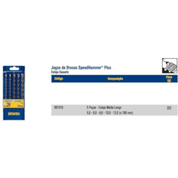Conjunto Brocas Encaixe Sds Plus Concreto 5uni Irwin 891519 Conjunto Brocas Encaixe Sds Plus Concreto 5uni Irwin 891519