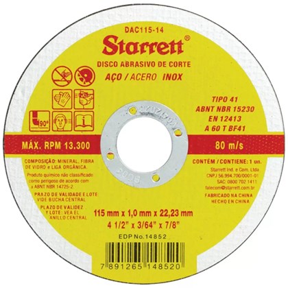DISCO DE CORTE 115 X 1,0 X 22,2MM (4.1/2"X3/64"X7/8") - STARRETT