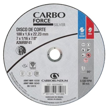 DISCO DE CORTE INOX 7" X 1/16" 180MM X 1,6MM X 22MM CARBOFORCE - CARBORUNDUM NORTON