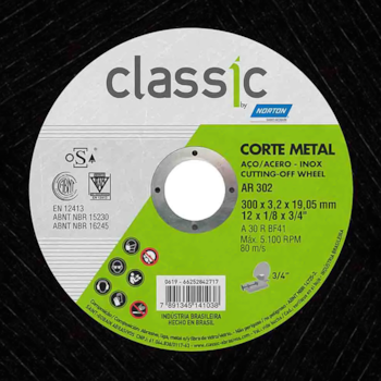 DISCO DE CORTE INOX AR302 CLASSIC 14" X 1/8" X 1" (350 X 3,0 X 25,40MM) - 000000066252845630 NORTON DISCO DE CORTE INOX AR302 CLASSIC 14" X 1/8" X 1" (350 X 3,0 X 25,40MM) - 000000066252845630 NORTON