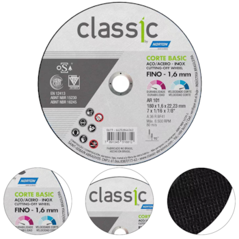 DISCO DE CORTE INOX CLASSIC BASIC AR101 7" X 1/16" X 7/8" (180 X 1,6 X 22MM) - 000000066252846362 NORTON DISCO DE CORTE INOX CLASSIC BASIC AR101 7" X 1/16" X 7/8" (180 X 1,6 X 22MM) - 000000066252846362 NORTON