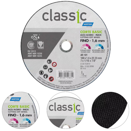 DISCO DE CORTE INOX CLASSIC BASIC AR101 7" X 1/16" X 7/8" (180 X 1,6 X 22MM) - 000000066252846362 NORTON DISCO DE CORTE INOX CLASSIC BASIC AR101 7" X 1/16" X 7/8" (180 X 1,6 X 22MM) - 000000066252846362 NORTON