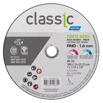 DISCO DE CORTE INOX CLASSIC BASIC AR101 7" X 1/16" X 7/8" (180 X 1,6 X 22MM) - 000000066252846362 NORTON DISCO DE CORTE INOX CLASSIC BASIC AR101 7" X 1/16" X 7/8" (180 X 1,6 X 22MM) - 000000066252846362 NORTON