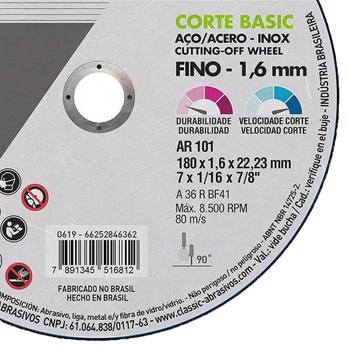 DISCO DE CORTE INOX CLASSIC BASIC AR101 7" X 1/16" X 7/8" (180 X 1,6 X 22MM) - 000000066252846362 NORTON