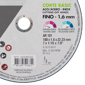 DISCO DE CORTE INOX CLASSIC BASIC AR101 7" X 1/16" X 7/8" (180 X 1,6 X 22MM) - 000000066252846362 NORTON DISCO DE CORTE INOX CLASSIC BASIC AR101 7" X 1/16" X 7/8" (180 X 1,6 X 22MM) - 000000066252846362 NORTON