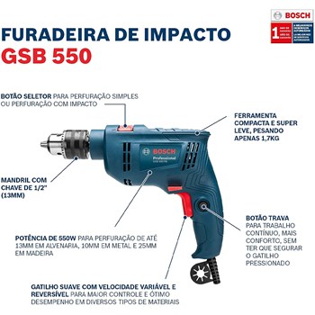 FURADEIRA DE IMPACTO 1/2" GSB 550 RE STD 550W + 14 BROCAS - 06011B60E4 BOSCH