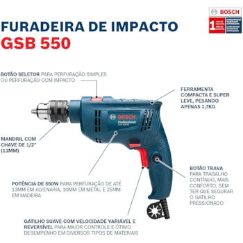 FURADEIRA DE IMPACTO 1/2" GSB 550 RE STD 550W + 14 BROCAS - 06011B60E4 BOSCH FURADEIRA DE IMPACTO 1/2" GSB 550 RE STD 550W + 14 BROCAS - 06011B60E4 BOSCH