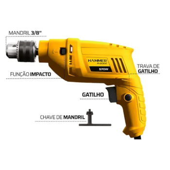 FURADEIRA DE IMPACTO 3/8" 10MM 570W - GYFI2000 HAMMER