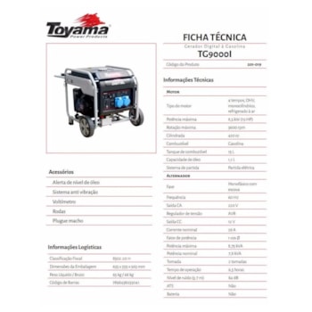 GERADOR DE ENERGIA À GASOLINA 420CC MONOFÁSICO - TG9000I TOYAMA GERADOR DE ENERGIA À GASOLINA 420CC MONOFÁSICO - TG9000I TOYAMA