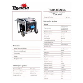 GERADOR DE ENERGIA À GASOLINA 420CC MONOFÁSICO - TG9000I TOYAMA