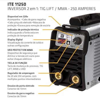 INVERSOR PARA SOLDA TIG LIFT + MMA 250 AMPERES - TORK ITE-11250