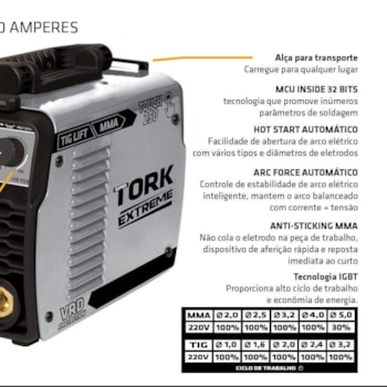 INVERSOR PARA SOLDA TIG LIFT + MMA 250 AMPERES - TORK ITE-11250