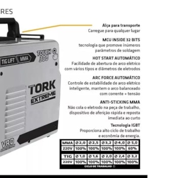 INVERSOR PARA SOLDA TIG LIFT + MMA 300 AMPERES - TORK ITE-12300