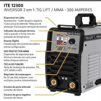 INVERSOR PARA SOLDA TIG LIFT + MMA 300 AMPERES - TORK ITE-12300