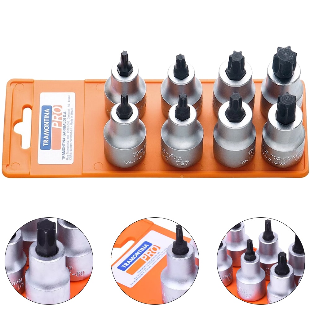 JOGO DE SOQUETES PONTA TORX T20 A T60 8 PCS ENCAIXE 1/2
