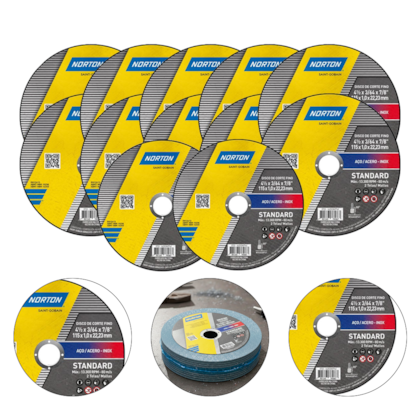 KIT 12 DISCO DE CORTE INOX 4.1/2" X 3/64" X 7/8" 115MM X 1.0MM X 22,23MM STANDARD - NORTON