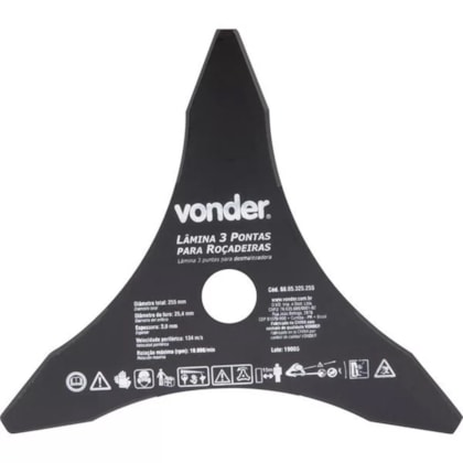 LÂMINA DE 3 PONTAS PARA ROÇADEIRAS 255 MM X 25,4 MM - 6805325255 VONDER LÂMINA DE 3 PONTAS PARA ROÇADEIRAS 255 MM X 25,4 MM - 6805325255 VONDER