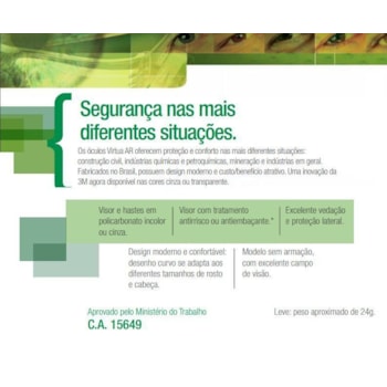 OCULOS DE SEGURANCA MODELO VIRTUA CINZA - 3M OCULOS DE SEGURANCA MODELO VIRTUA CINZA - 3M