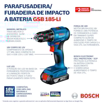 PARAFURADEIRA  E FURADEIRA 1/2" 13MM 18V 50NM BRUSHLESS GSR 185LI COM 2 BATERIAS E CARREGADOR - BOSCH PARAFURADEIRA  E FURADEIRA 1/2" 13MM 18V 50NM BRUSHLESS GSR 185LI COM 2 BATERIAS E CARREGADOR - BOSCH