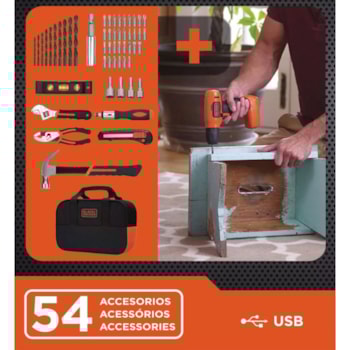 PARAFUSADEIRA E FURADADEIRA 8V + 54 ACESSÓRIOS - LD008KA BLACK + DECKER PARAFUSADEIRA E FURADADEIRA 8V + 54 ACESSÓRIOS - LD008KA BLACK + DECKER