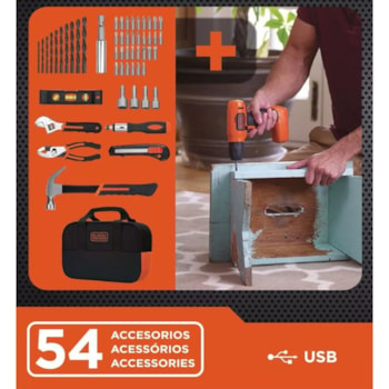 PARAFUSADEIRA E FURADADEIRA 8V + 54 ACESSÓRIOS - LD008KA BLACK + DECKER