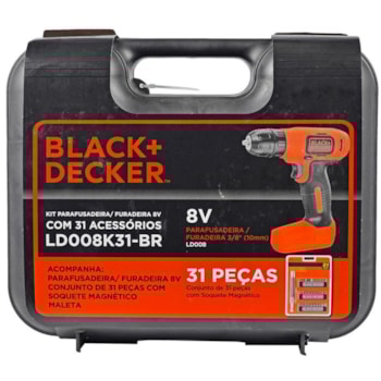 PARAFUSADEIRA E FURADADEIRA A BATERIA + 31 ACESSÓRIOS LD008K31 BLACK + DECKER PARAFUSADEIRA E FURADADEIRA A BATERIA + 31 ACESSÓRIOS LD008K31 BLACK + DECKER