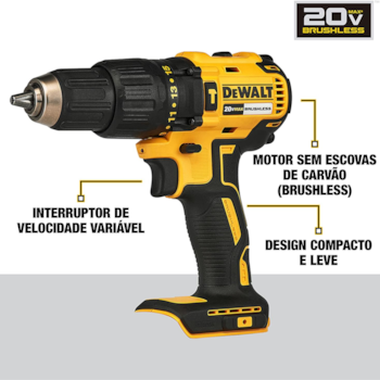 PARAFUSADEIRA / FURADEIRA DE IMPACTO 1/2" 65NM 20V BRUSHLESS COM 1 BATERIA 2AH + CARREGADOR BIVOLT E BOLSA - DCD7781D1 DEWALT