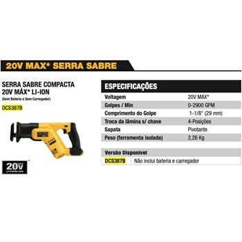 SERRA SABRE COMPACTA 20V MAX LI-ION SEM BATERIA - DCS387B DEWALT