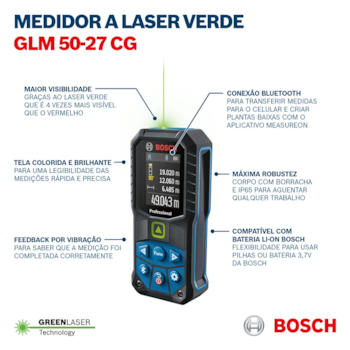 TRENA À LASER VERDE GLM 50-27 CG 50M COM BLUETOOTH - 0601072U00 BOSCH TRENA À LASER VERDE GLM 50-27 CG 50M COM BLUETOOTH - 0601072U00 BOSCH
